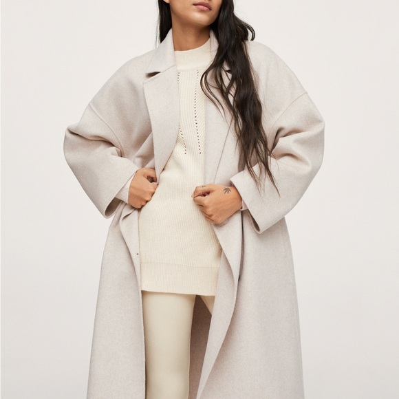 MANGO Oatmeal Neutral Cream Oversized Wool Coat Double Breasted Wool Trench Coat - Picture 9 of 17